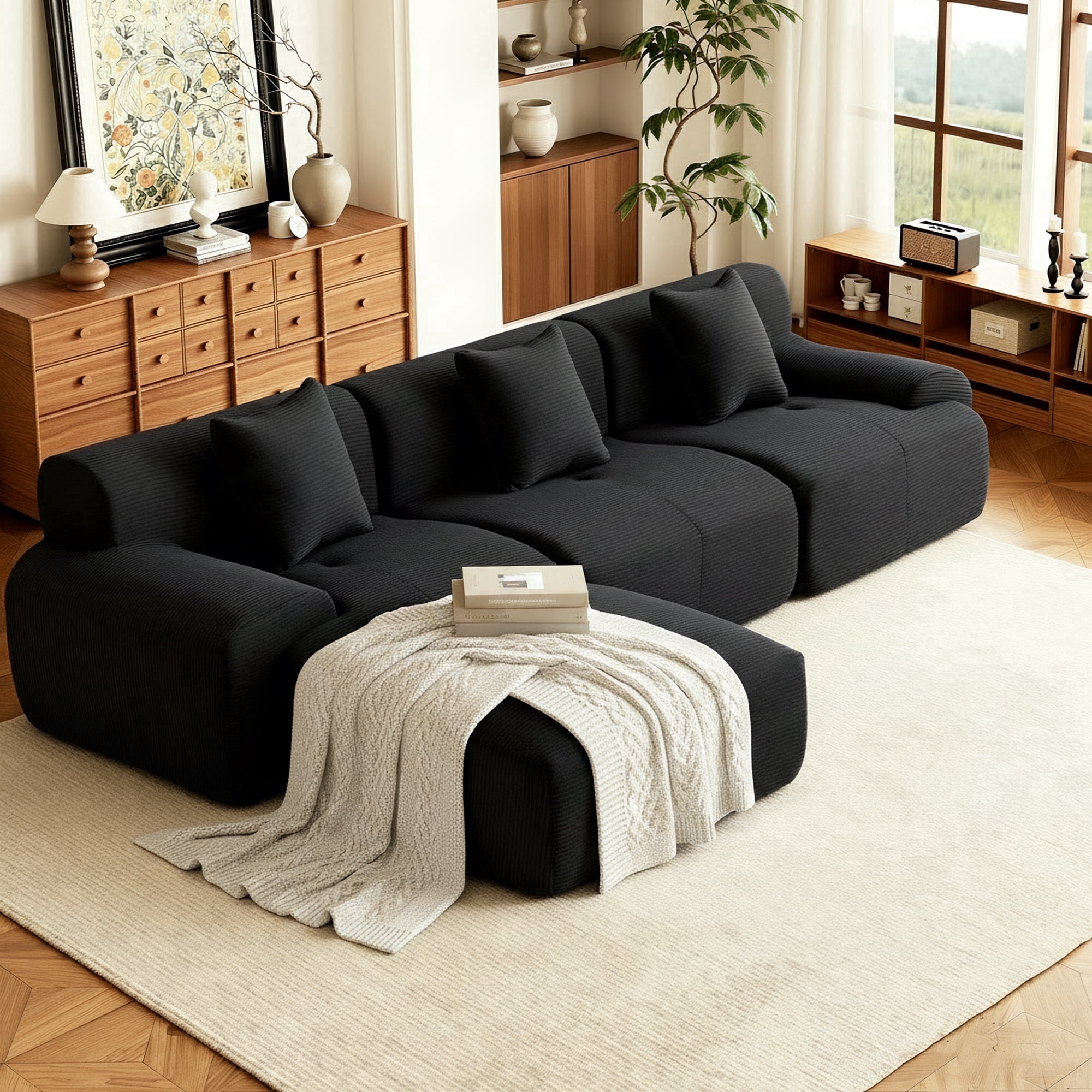GAOHAPY 107"Modern L Shaped Modular Sectional Sofa, Oversized Corduroy Couch Deep Seat, Boneless Cloud Couch with Ottoman, 30D Sponge for Indoor Living Room, No Assembly Required(Black)