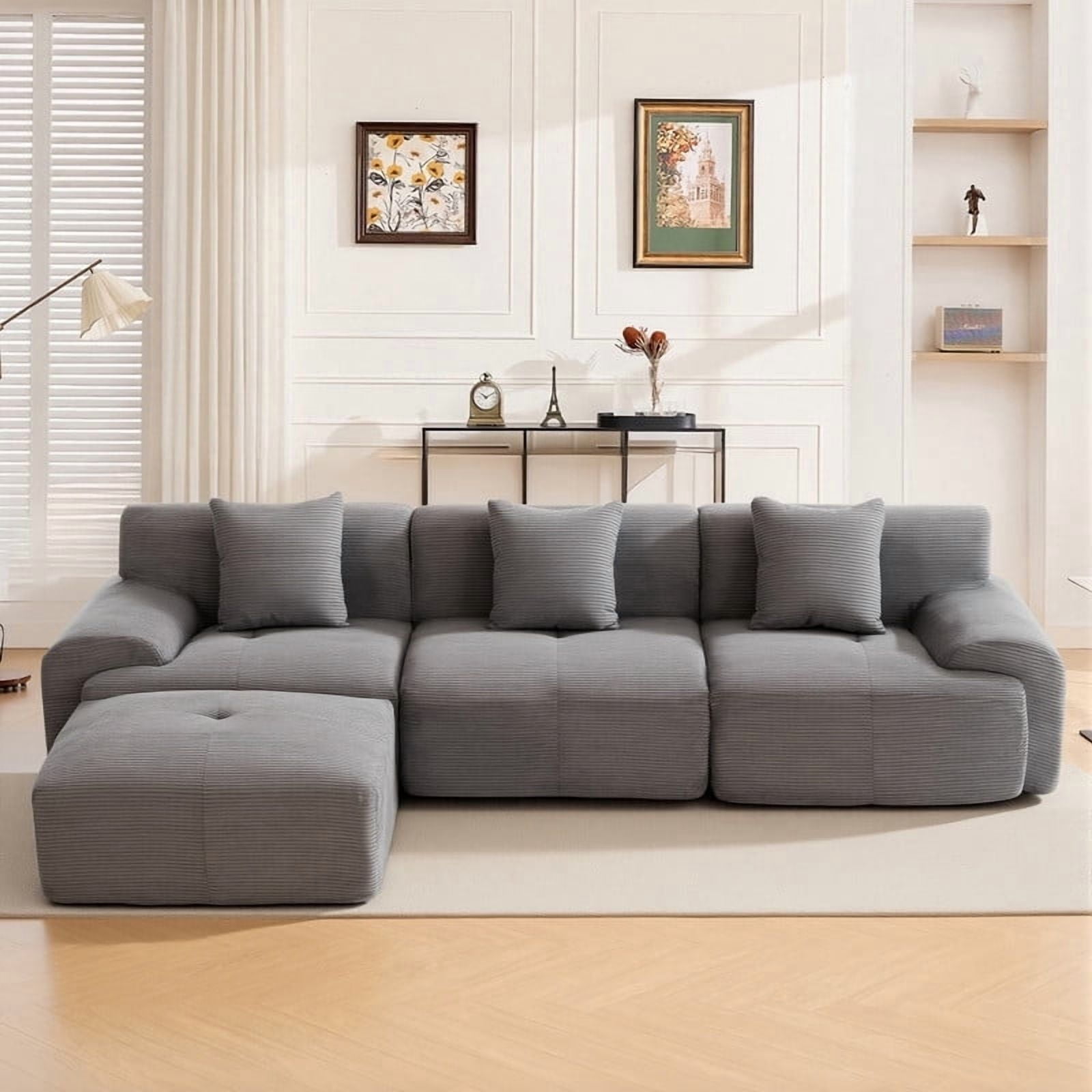 GAOHAPY 120"Modern L Shaped Modular Sectional Sofa,Oversized Corduroy Couch Deep Seat, Boneless Cloud Couch with Ottoman, 30D Sponge for Indoor Living Room, No Assembly Required(Dark Grey)