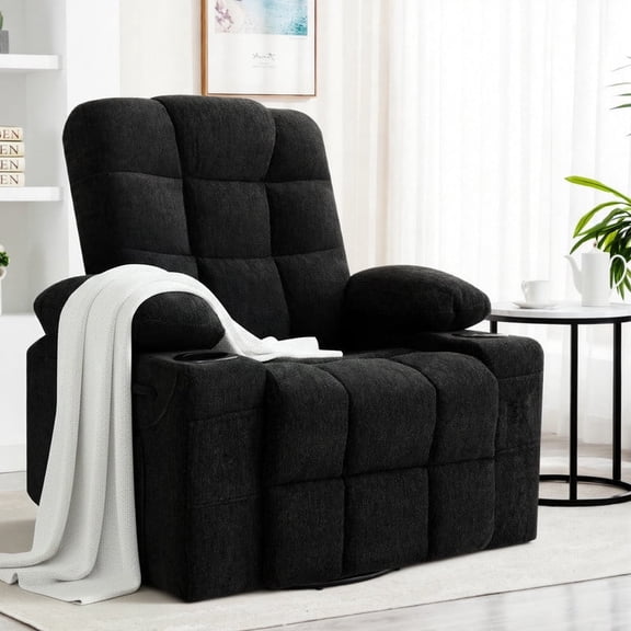 GAOHAPY 360° Swivel Rocker Recliner, 3-Position Manual Fabric Chair, 30° Rocking with Cup Holders & Side Storage, Single Recliner Sofa for Small Spaces, Black