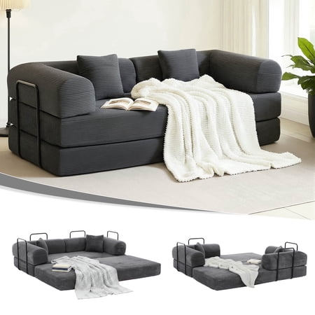 GAOHAPY 80" Convertible Sleeper Sofa Bed, Corduroy Foldable Futon Couch with Pillows, No Assembly Sofa for Living Room Small Spaces Apartment ,Dark Grey