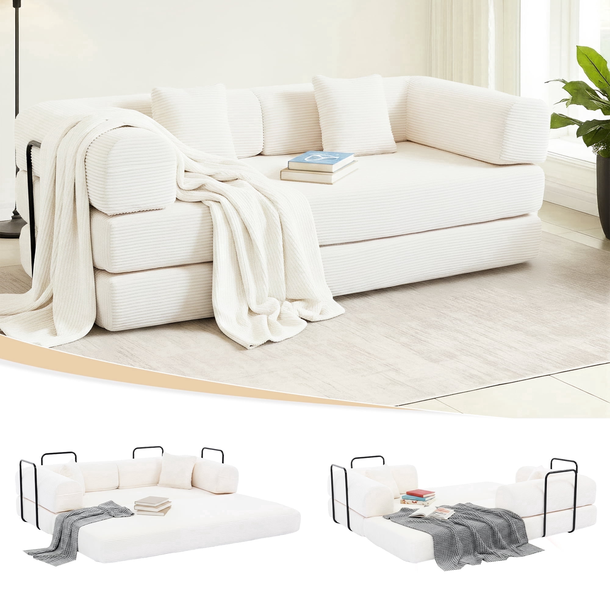 GAOHAPY 80" Convertible Sleeper Sofa Bed, Corduroy Foldable Futon Couch with Pillows, No Assembly Sofa Couch for Living Room Small Spaces Apartment