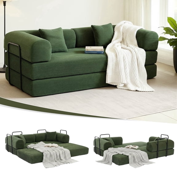 GAOHAPY 80" Convertible Sleeper Sofa Bed, Corduroy Foldable Futon Couch with Pillows, No Assembly Sofa Couch for Living Room Small Spaces Apartment ,Green