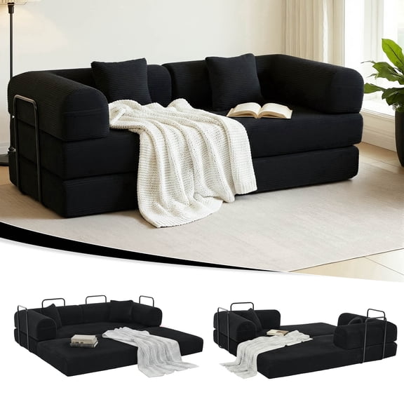 GAOHAPY 80" Convertible Sleeper Sofa Bed, Corduroy Foldable Futon Couch with Pillows, No Assembly Sofa Couch for Living Room Small Spaces Apartment,Black