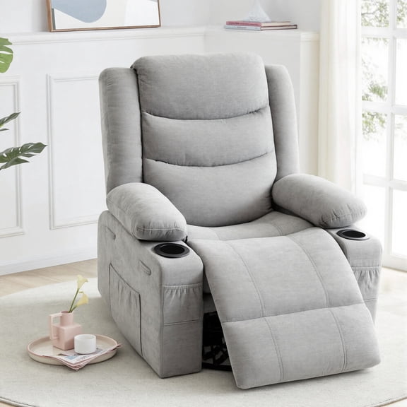 GAOHAPY Rocker Recliner Chair, 360° Swivel Recliner Chair for Adults, Chenille Fabric Single Sofa Seat with Cup Holders, Recliner Single Sofa with Side Pocket (Grey)
