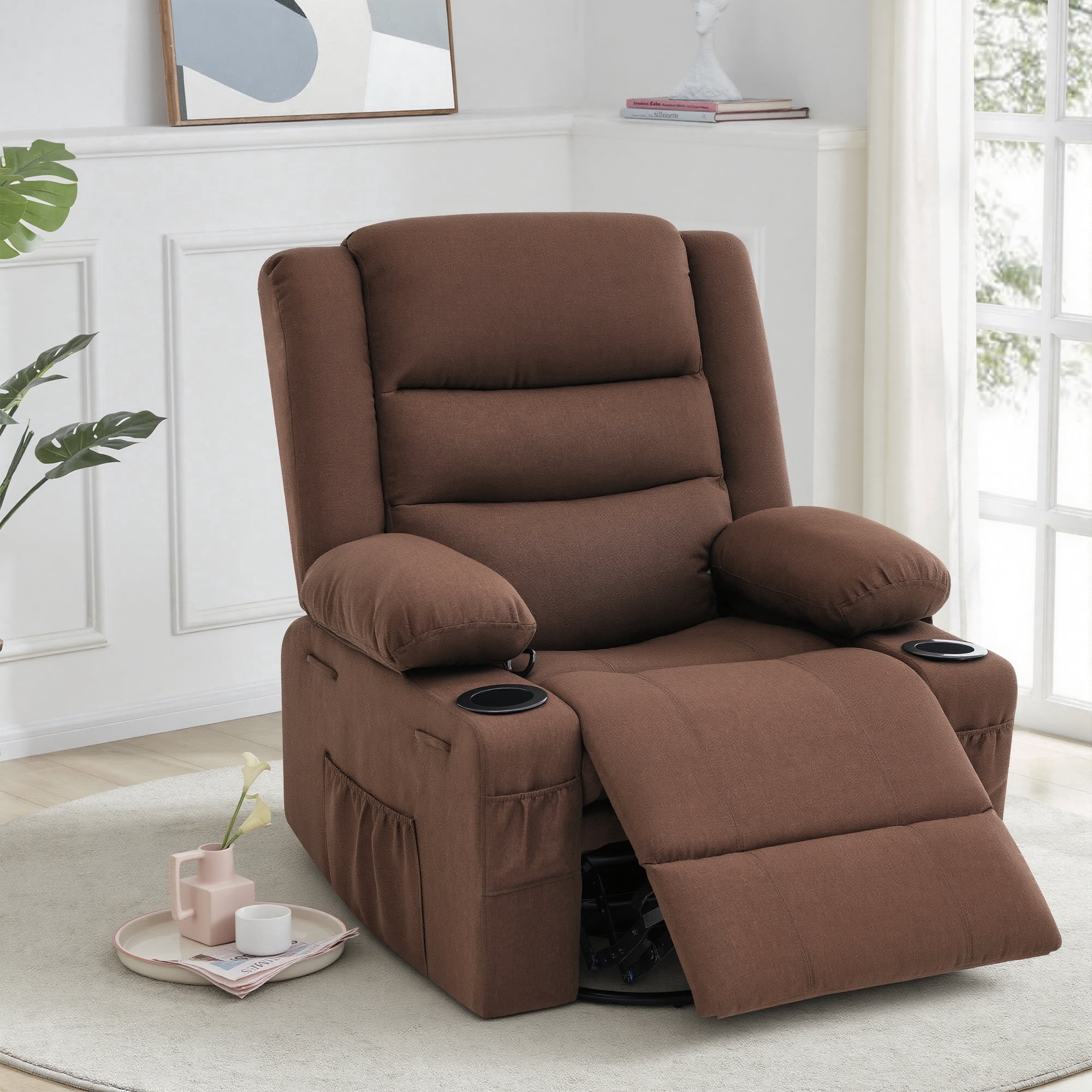 GAOHAPY Rocker Recliner Chair,360° Swivel Recliner Chair for Adults,Oversized Single Sofa Seat with Cup Holders,Recliner Single Sofa with Side Pocket(Brown)