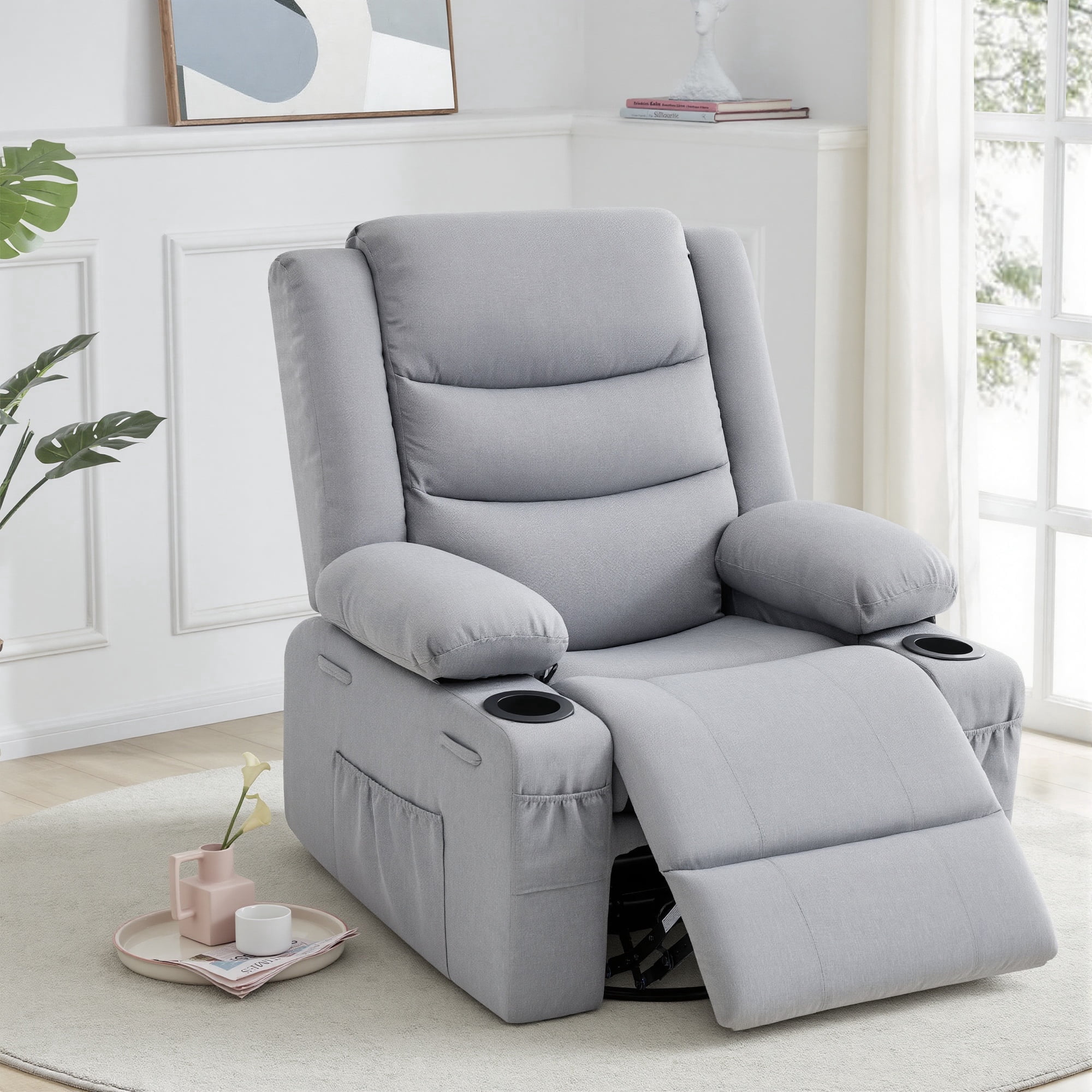 GAOHAPY Rocker Recliner Chair,360° Swivel Recliner Chair for Adults,Oversized Single Sofa Seat with Cup Holders,Recliner Single Sofa with Side Pocket(Grey)