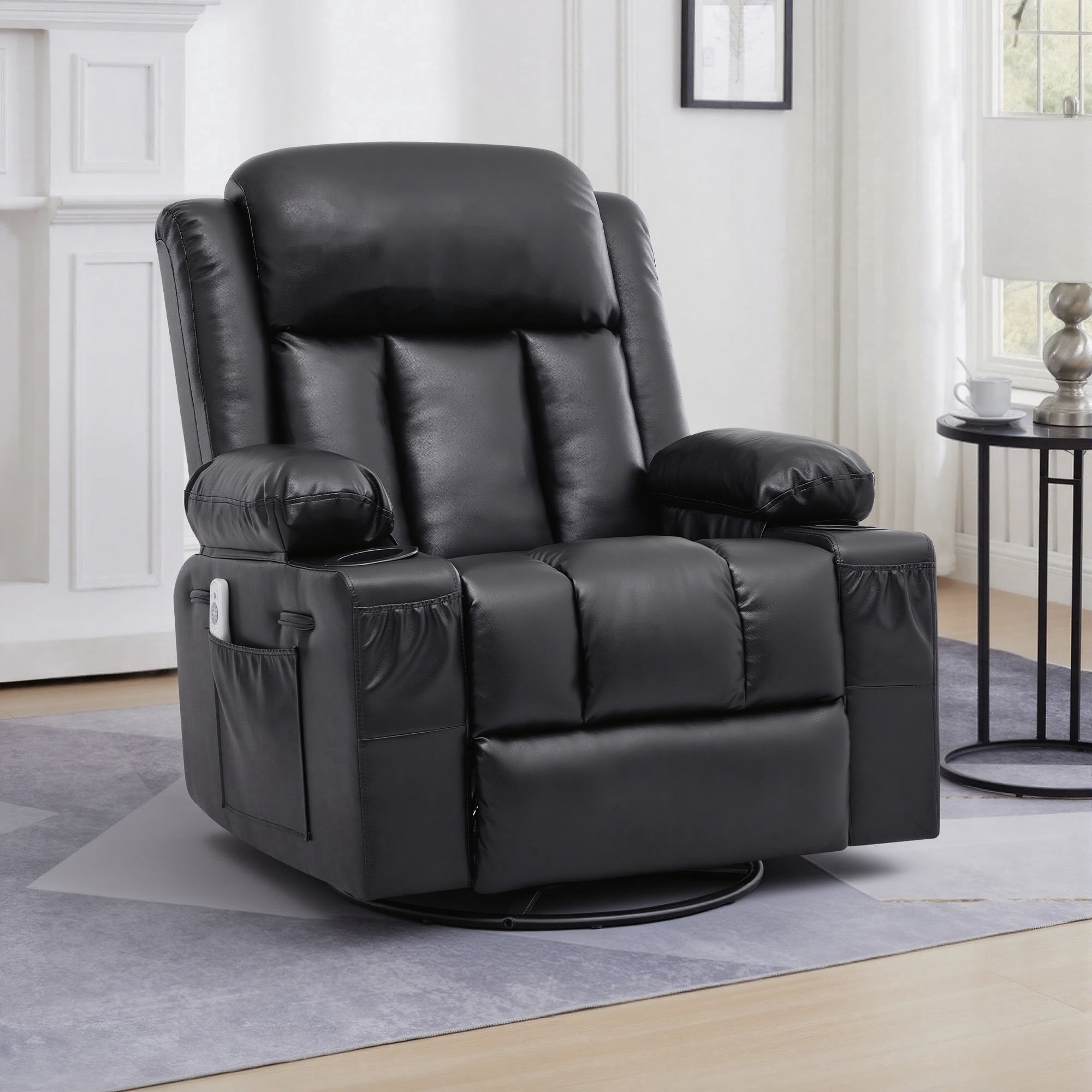 GAOHAPY Rocker Recliner Chair with Heat and Massage,360°Swivel Recliner Chair for Adults Elderly,Oversized Recliner Single Sofa Seat with 2 Cup Holders and Side Pocket(Black)