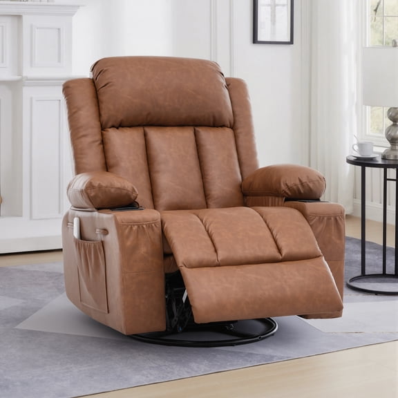 GAOHAPY Rocker Recliner Chair with Heat and Massage,360°Swivel Recliner Chair for Adults Elderly,Oversized Recliner Single Sofa Seat with 2 Cup Holders and Side Pocket(Brown)