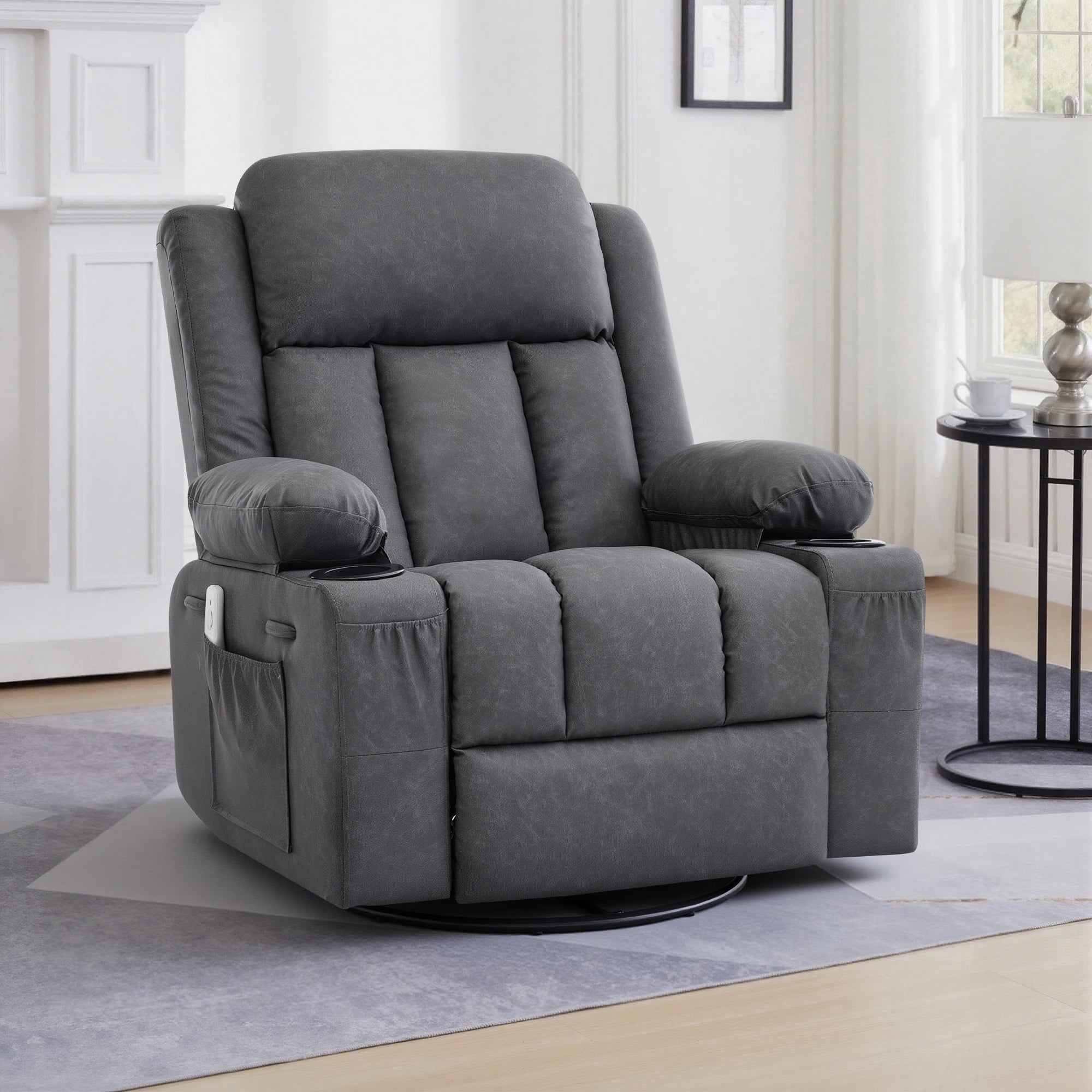 GAOHAPY Rocker Recliner Chair with Heat and Massage,360°Swivel Recliner Chair for Adults Elderly,Oversized Recliner Single Sofa Seat with 2 Cup Holders and Side Pocket(Grey)