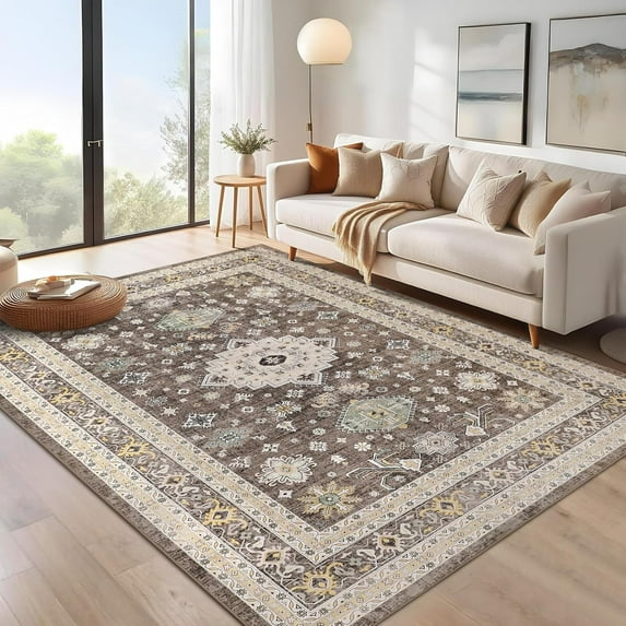 GAOMON 10x13 Area Rug Washable Rug Non Slip Backing Rug Vintage Oriental Foldable Rugs Stain Resistant Floral Print Accent Carpet for Bedroom Living Room Kids Room, Brown
