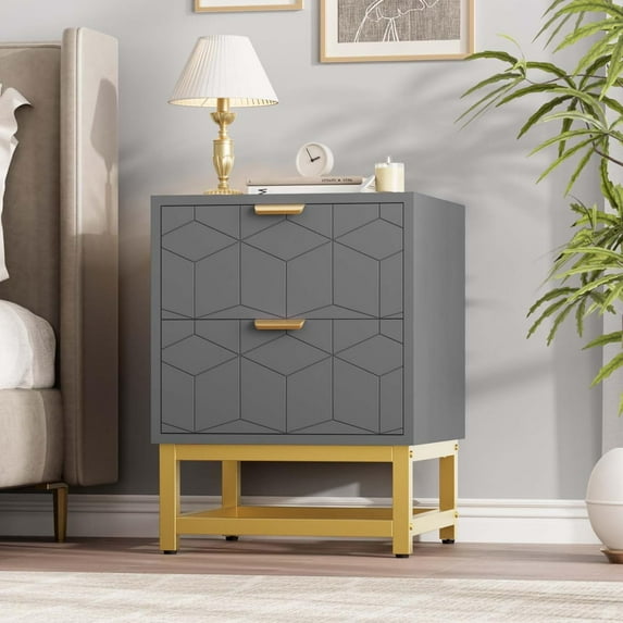 GAOMON 2 Drawer Dresser, Modern Small Nightstand with Gold Handles, Wood Storage Cabinet for Bedroom, Nursery, Entryway, Grey