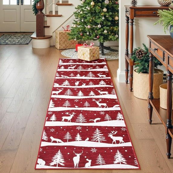 GAOMON 2x6 ft Christmas Runner Rug, Washable Non Slip Low Pile Carpet, Xmas Tree Reindeer Snowflake Indoor Rug for Entryway, Kitchen, Living Room, Red