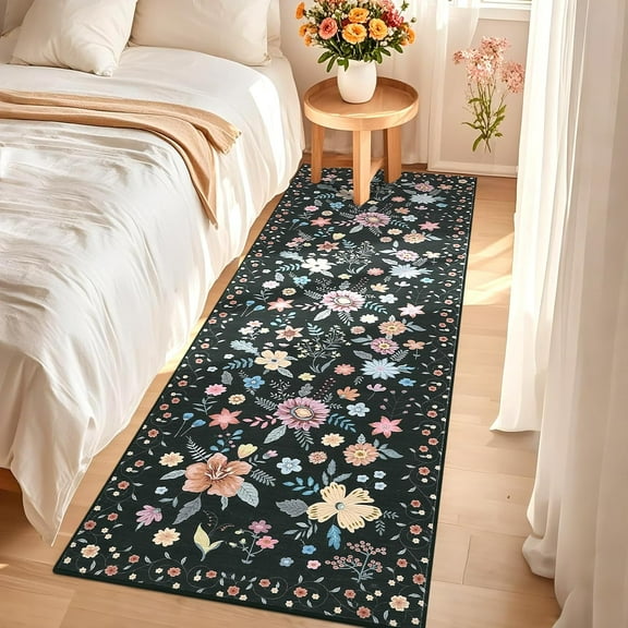 GAOMON 2x6ft Area Rugs Black, Runner Rug, Non Slip, Ultra-Thin Floral Carpet, Soft Low Pile, Modern Accent for Hallway Kitchen Bedroom