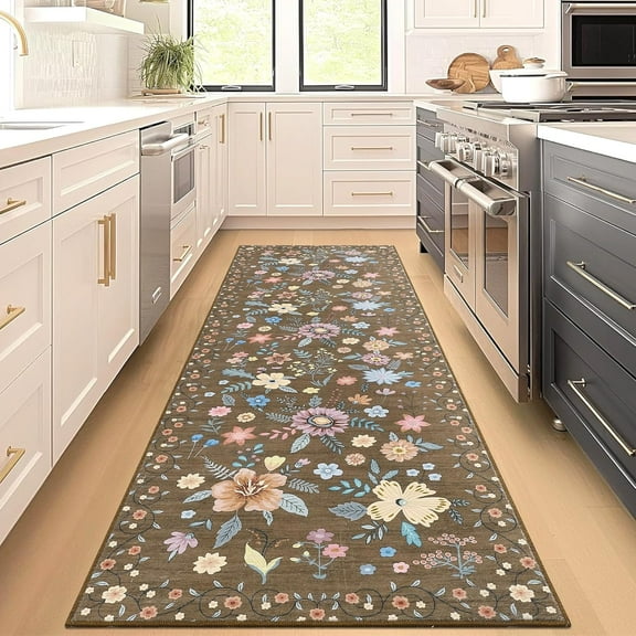GAOMON 2x6ft Area Rugs Brown, Runner Rug, Non Slip, Ultra-Thin, Soft Low Pile Floral Carpet for Kitchen Hallway Bedroom