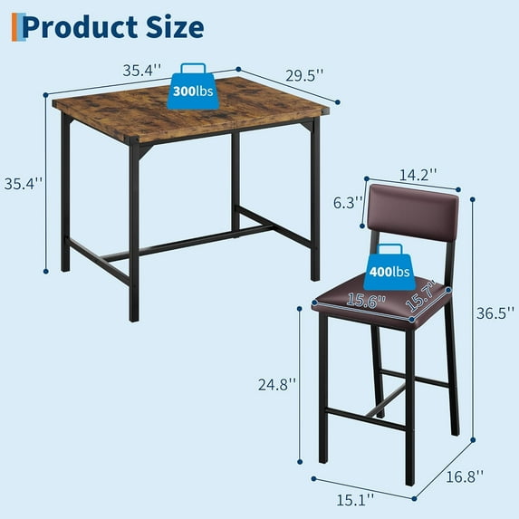 GAOMON 3-Piece Counter Height Dining Table Set for 2 with Footrest & Corner Protectors, Kitchen Table and 2 Upholstered Bar Stools, Rustic Brown