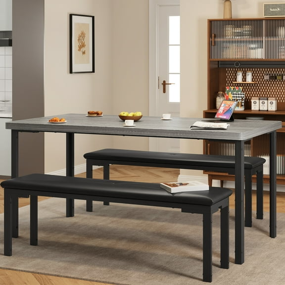 GAOMON 3-Piece Dining Table Set for 4, Compact Kitchen Table Set with 2 Upholstered Benches, Modern Rectangle Dining Table & Chairs for Small Spaces, Apartment