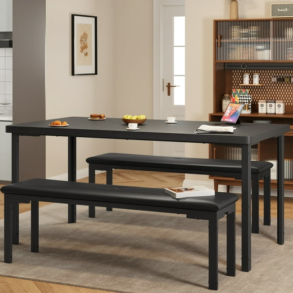 GAOMON 3-Piece Dining Table Set for 4, Compact Kitchen Table Set with 2 Upholstered Benches, Modern Rectangle Dining Table & Chairs for Small Spaces, Apartment