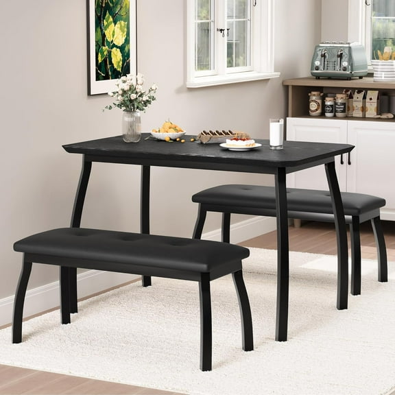 GAOMON 3-Piece Dining Table Set for 4 with 2 Upholstered Benches, Space-Saving Wooden Kitchen Table, for Small Dining Room, Apartment, Home, Black