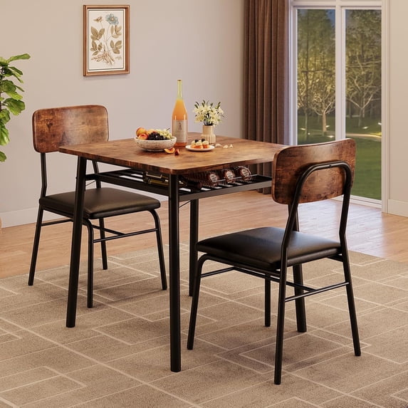 GAOMON 3-Piece Modern Dining Table Set with 2 Upholstered Stools & Storage Rack – Ideal for Small Spaces