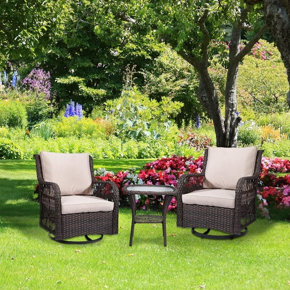 GAOMON 3 Pieces Patio Furniture Set, Outdoor Swivel Gliders Rocker, Wicker Patio Bistro Set with Glass Top Side Table, Cushions, 360 Degree Rattan Rocking Chair for Backyard, Balcony,Beige