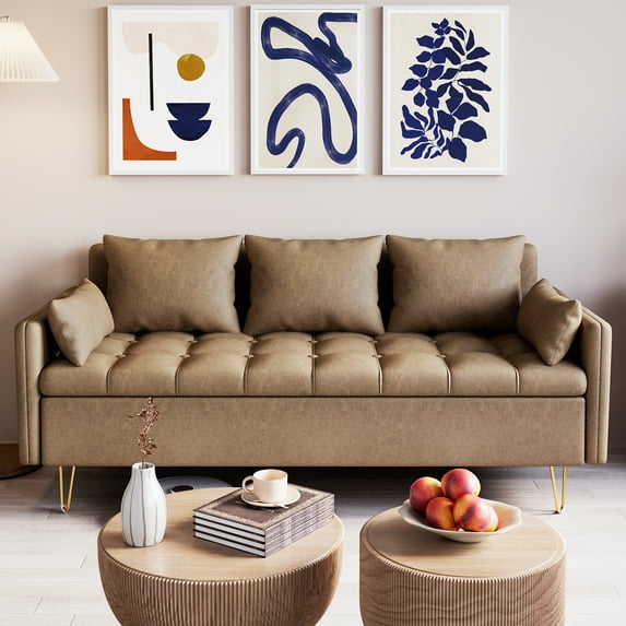 GAOMON 3-Seat Faux Leather Sofa,Expansive Hidden Storage,Comfy Leather Fabric Sofa,Modern Fashion living room sofa,Multifunctional sofa For Apartment, rental, bedroom,Linght Brown