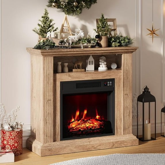GAOMON 32" Electric Fireplace with Mantel, TV Stand, Freestanding Fireplace Heater, Open Shelf, Remote, Adjustable Flame, Timer, Natural
