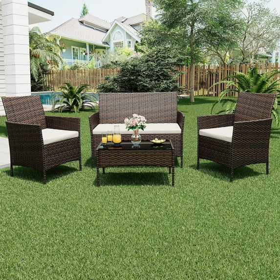 GAOMON 4-Piece Rattan Patio Furniture Set, Outdoor Wicker Sofa Couch Table Set, w/Thick Seat Cushions Tempered Glass Coffee Table, Conversation Set for Lawn Garden Poolside Backyard,Brown