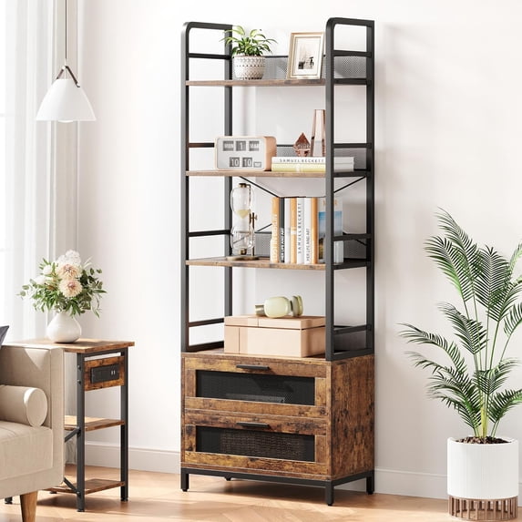 GAOMON 4-Tier Bookshelf with Drawers, Industrial Display Standing Shelf Units,Storage Shelf with Protective Rails, for Living Room, Home Office,Bedroom,Brown