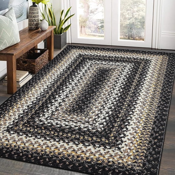 GAOMON 4x6ft Area Rugs Black, Modern Braided Print Washable Rug, Non Slip Low Pile Carpet, Accent for Bedroom, Living Room, Entryway, Office, Stain Resistant, Foldable, Indoor