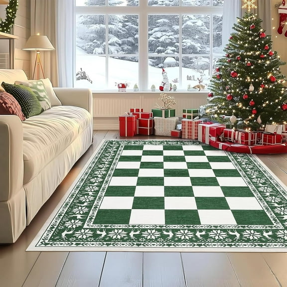 GAOMON 4x6ft Area Rugs Green, Christmas Checkered Pattern, Washable Non Slip Rug, Low Pile, Festive Holiday Accent for Bedroom, Entryway, Kitchen, Nursery