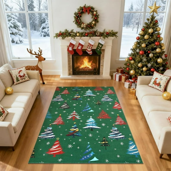 GAOMON 4x6ft Area Rugs Green, Christmas Tree Pattern, Washable Non Slip Rug, Thin Low Pile, Holiday Accent for Bedroom, Entryway, Nursery, Festive Gathering