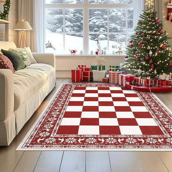 GAOMON 4x6ft Area Rugs Red, Christmas Checkered Pattern, Washable Non Slip Rug, Low Pile, Holiday Accent for Entryway, Bedroom, Kitchen, Nursery