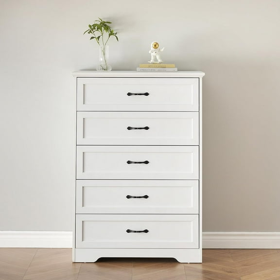 GAOMON 5 Drawer Dresser with Wide Metal Handles, Modern Chest of Drawers for Closet Organizers and Bedroom Storage, Rustic White and Plank Oak Finish, White