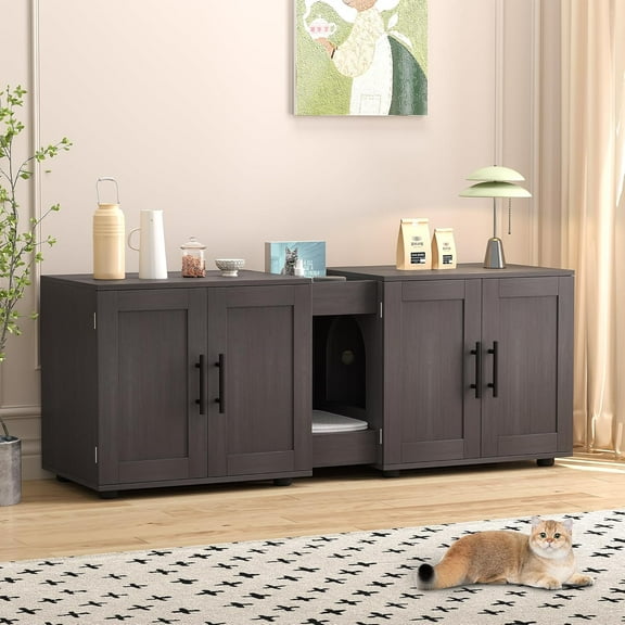 GAOMON 55" Wooden Litter Box Enclosure with Double Room, Hidden Cat Furniture for 2 Cats, Multi-Functional Cat House, TV Stand, Coffee Table, Walnut