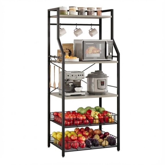 GAOMON 57.4" H Kitchen Bakers Rack Microwave Stand, Storage Rack with 8 Hooks, Wood Panels and Protective Net, Adjustable Feet, Kitchen Utiliy Shelves Coffee Bar Station for Home, Black&Gray Y101