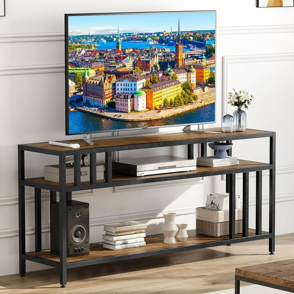 GAOMON 58" TV Stand for TV up to 65 Inches, Entertainment Center with Open Storage Shelves, Media Console Table with Quadruple-Tube Support for Living Room, Bedroom, Rustic Brown