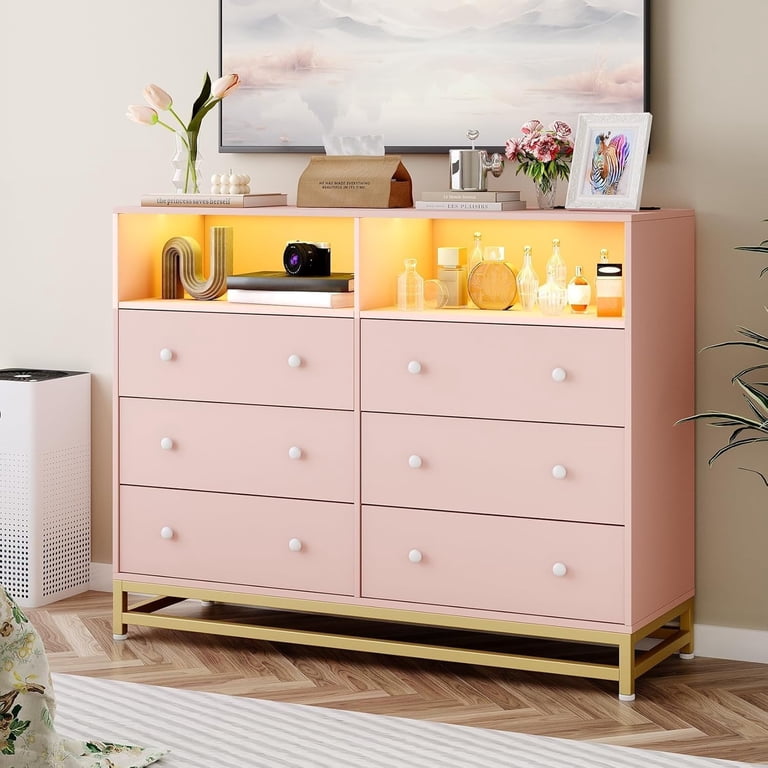 GAOMON Pink Dresser for Bedroom, Wooden Modern 6 Drawers Long Dresser with  Charging Station and Led Lights Design, Large Capacity Storage Chest of  Drawers, Wide Dresser for Living Room, Hallway - Walmart.com