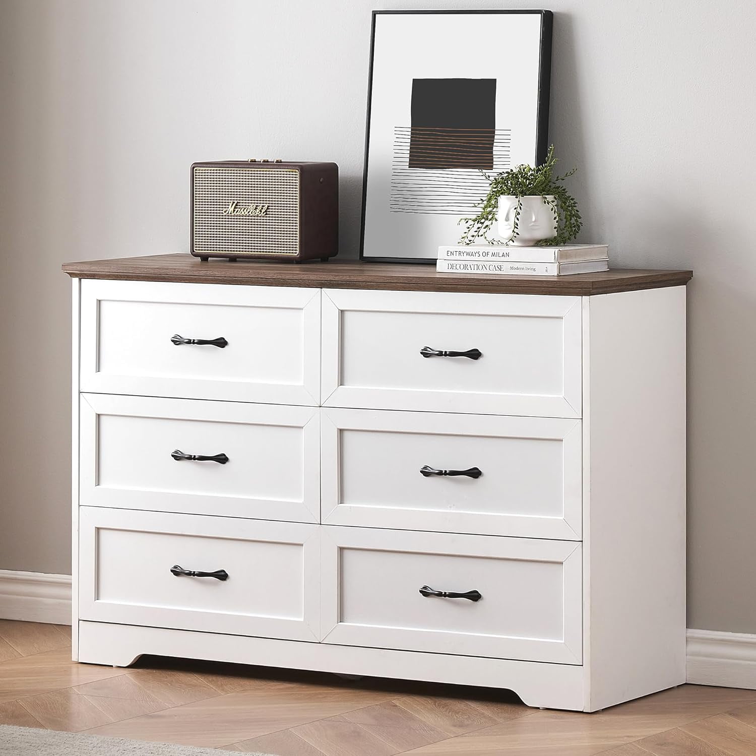 Living Roon Drawer GAOMON 6 Drawer Dresser with Wide Metal Handles, Farmhouse Modern ...