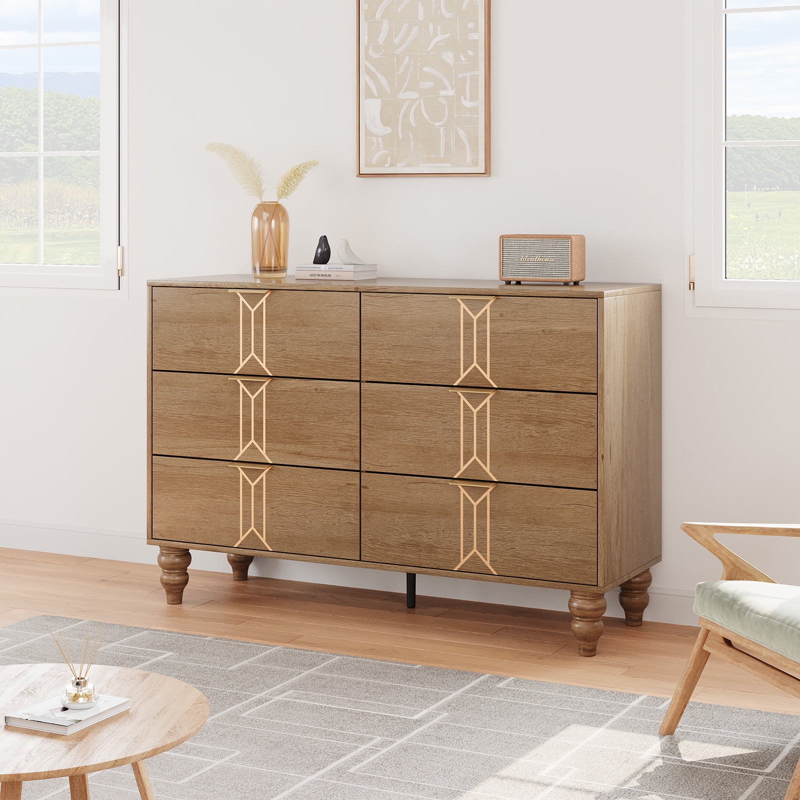 GAOMON 6-Drawer Wooden Dresser, Wide Chest of Drawers with Vintage ...