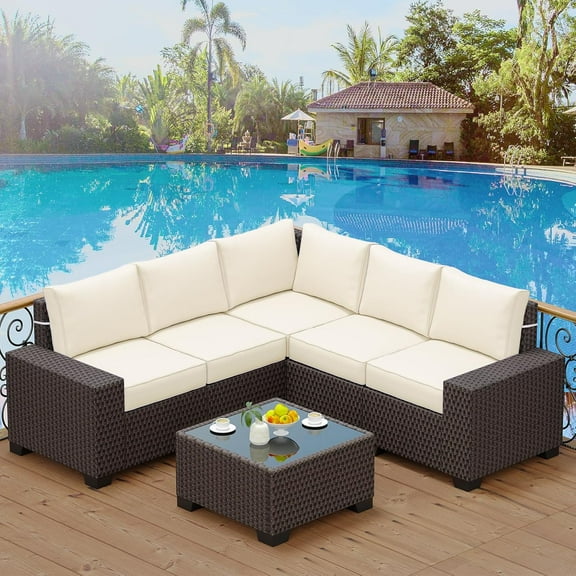 GAOMON 6 Pieces Outdoor Patio Furniture Set, Outdoor Wicker Furniture Set, Patio Sectional Furniture Set, Brown Patio Sofa with 5 Seat Cushions and 1 Glass Coffee Table,Beige