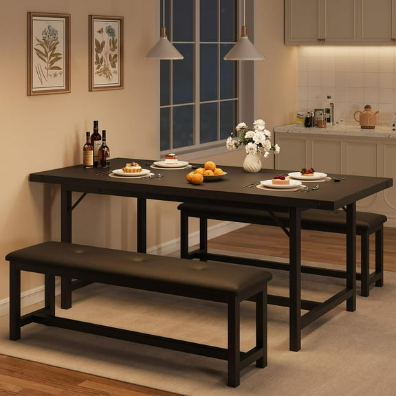 GAOMON 63" Dining Table Set for 4-6, Large Extendable Kitchen Table Set with 2 Upholstered Benches for 6, 3 Piece Rectangle Dining Table Set for 4 for Apartment, Saving Space,Black