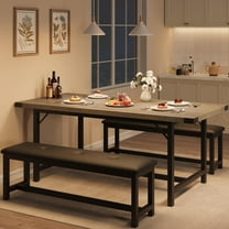 GAOMON 63" Dining Table Set for 4-6, Large Extendable Kitchen Table Set with 2 Upholstered Benches for 6, 3 Piece Rectangle Dining Table Set for 4 for Apartment, Saving Space, Retro Gray