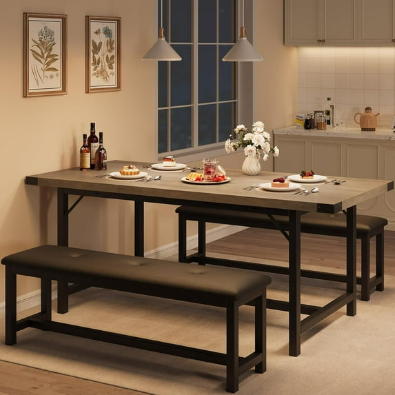 GAOMON 63" Dining Table Set for 4-6, Large Extendable Kitchen Table Set with 2 Upholstered Benches for 6, 3 Piece Rectangle Dining Table Set for 4 for Apartment, Saving Space, Retro Gray