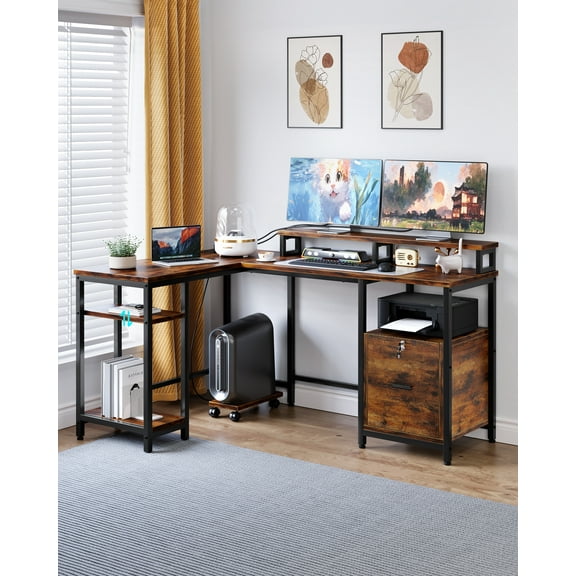 GAOMON 67” L Shaped Computer Desk with Power Outlet , Versatile Home Office Desk with File Drawer, Monitor Stands and Adjustable Storage Shelf, Vintage Brown