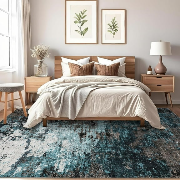 GAOMON 6x9ft Area Rugs Blue Green, Abstract Art-Inspired, Thin Distressed Oil Painting Pattern, Non Slip Soft Low Pile Carpet, Easy Care for Living Room Bedroom