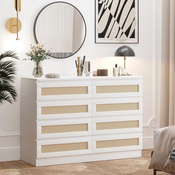 GAOMON 8 Drawer Double Dresser for Bedroom, Rattan Chest of Dressers, Modern Wooden Dresser Chest with Golden Handles, Beside Table for Closet, Living Room and Entryway, White and Natural