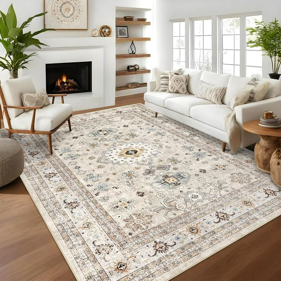 GAOMON 8x10 Vintage Oriental Machine Washable Area Rug Contemporary Stain Resistant Rugs Non-Slip Foldable Floral Printed Carpet for Living Room Bedroom Decor, Beige