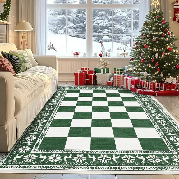 GAOMON 8x10ft Area Rugs Green, Christmas Checkered Pattern, Washable Non Slip Rug, Low Pile, Holiday Entryway, Living Room, Bedroom, Dining Room Accent