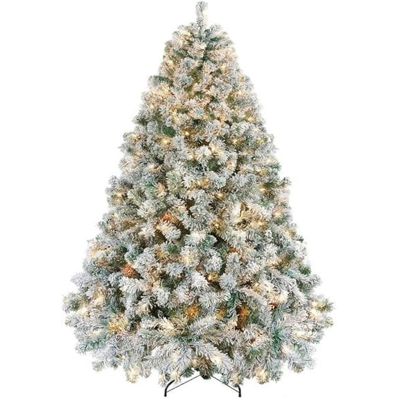 GAOMON 9ft White Flocked Pencil Prelit Spruce Artificial Christmas Tree, Slim Snowy Shape, Hinged Branches, Foldable Stand, Pre-Decorated, Festive Home or Office Winter Christmas Tree