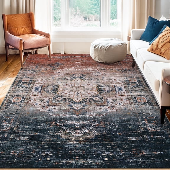 GAOMON 9x12 Washable Vintage Distressed Ombre Area Rug - Soft Non-Slip Accent Rug for Any Room, Orange/Blue Multi